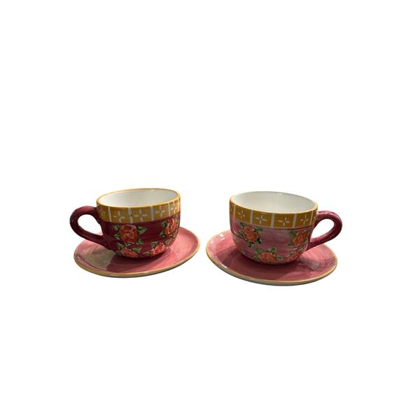 Crate & Barrel Hand‎ Painted Flower Floral Soup Mug Cup Bowl set - Picture 1 of 13